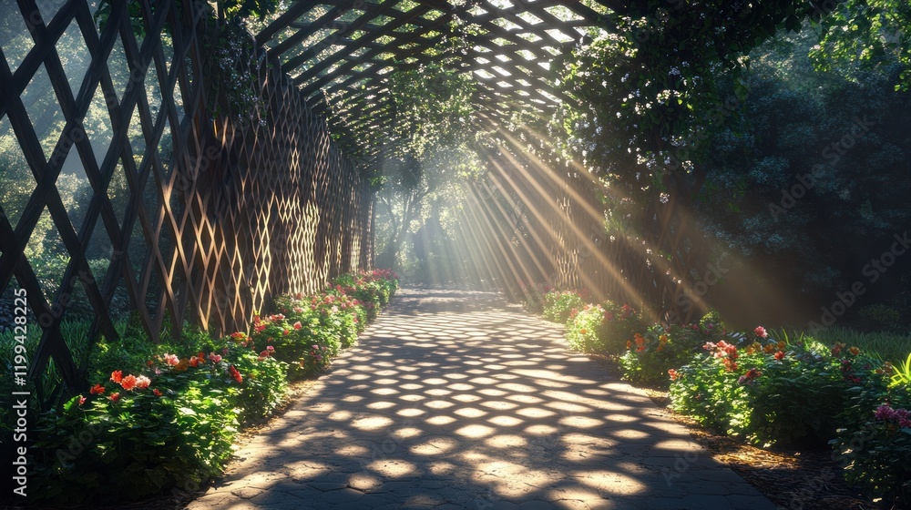 Poster beautiful garden walkway with sunlight filtering through a lattice structure during early morning. g