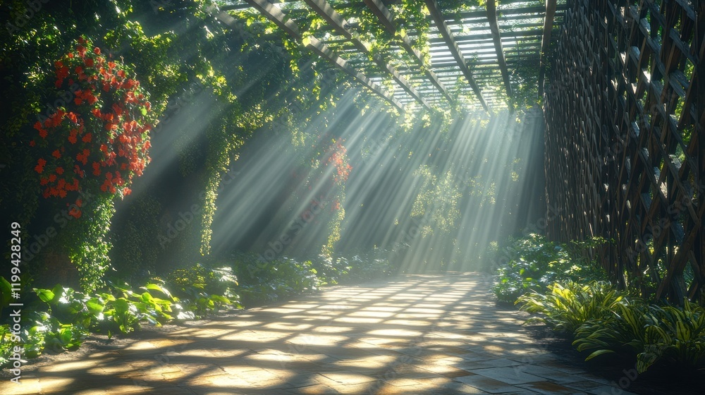 Poster sunlight filters through a verdant garden trellis adorned with vibrant flowers in a serene setting. 