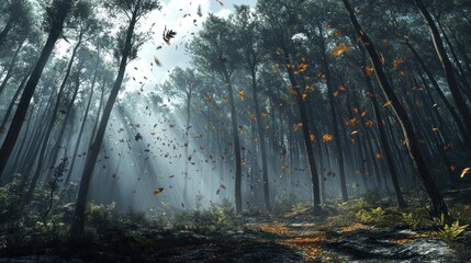 Misty forest with swirling autumn leaves highlighting the beauty of nature during the fall season. Generative AI