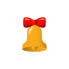 Christmas bell with a bow knot isolated on white background. Cute golden yellow bell with a red ribbon vector icon in cartoon style. Jingle bells clip art. Christmas and New Year decoration.