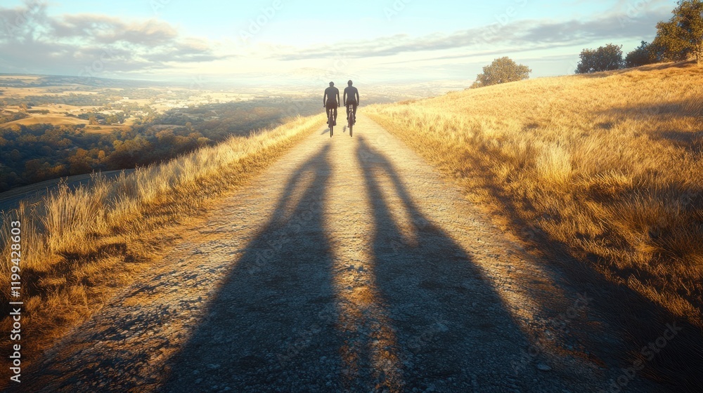 Poster twilight stroll on a tranquil path in golden fields with gentle shadows and distant hills. generativ