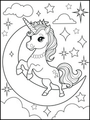 Illustration of a cute unicorn cartoon character. Black and white Printable Unicorn coloring page for kids.