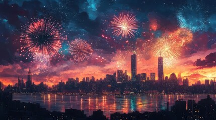 Obraz premium A vibrant city skyline illuminated by colorful fireworks against a dramatic sunset sky, reflecting on the water below.