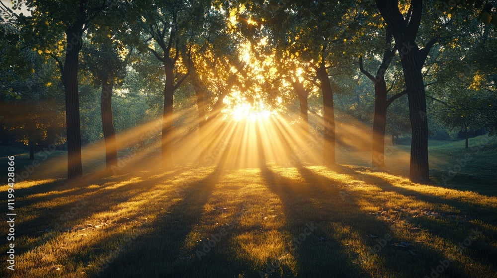 Poster sunlight filters through trees creating a magical atmosphere in a serene forest setting at sunrise. 
