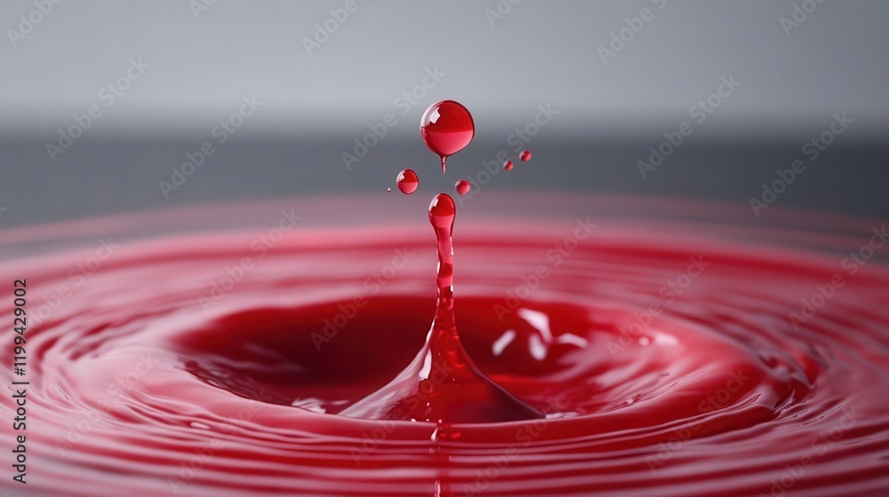 Poster a close-up of a red liquid droplet creating ripples on the surface, showcasing the dynamic movement 