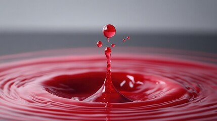 A close-up of a red liquid droplet creating ripples on the surface, showcasing the dynamic movement and vibrant color of the fluid.