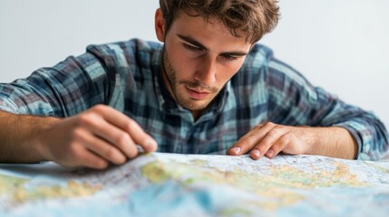 A seismic data technician studying maps and geological data, focused, isolated on a white background,