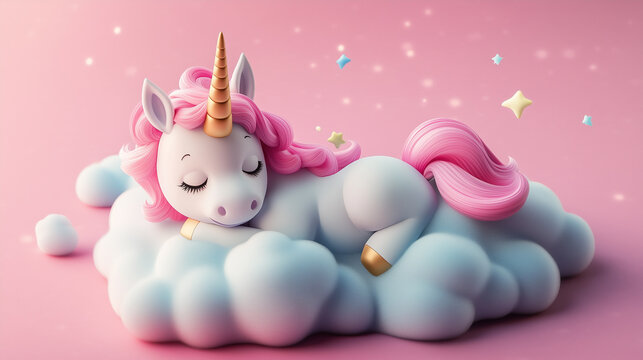 Cute unicorn sleeps on cloud
