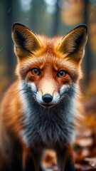 Fototapeta premium Captivating red fox in a forest setting during autumn, showcasing striking fur and expressive eyes while surrounded by foliage