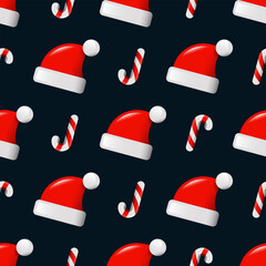 Santa hats and candy canes seamless pattern on a dark background. Christmas background with Santa Claus caps and mint striped candy canes. Cartoon style with 3d effect.