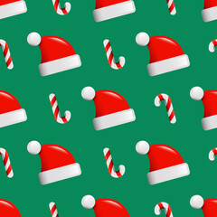 Santa hats and candy canes seamless pattern on a green background. Christmas background with funny Santa Claus caps and mint striped candy canes in vibrant colors. Cartoon style with 3d effect.