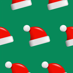 Santa hats on a green background seamless pattern. Cute Christmas background with funny Santa Claus hats in vibrant colors. Colorful cartoon style with 3d effect.