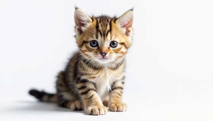 A cute Bengal kitten with striking blue eyes looking curiously at the camera.