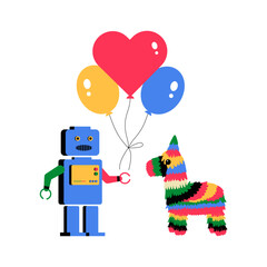 Robot With Balloons And Pinata In Flat Vector Illustration Symbolizing Celebration, Joy, And Technology, Isolated On White Background