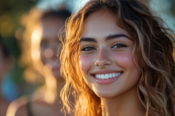 Fototapeta premium Portrait of a happy smiling woman with snow-white teeth among friends outdoors