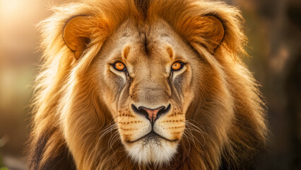 Fototapeta premium Majestic lion gazes into the distance during golden hour in the wild, showcasing regal mane and piercing eyes that capture the essence of strength and beauty in nature