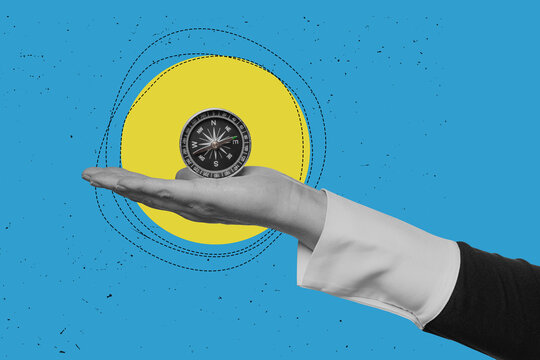 A hand holds Compass Success. Business navigate recovery. Abstract concept - the compass navigate for business to resume business growth in the economic crisis. Flat design art collage.