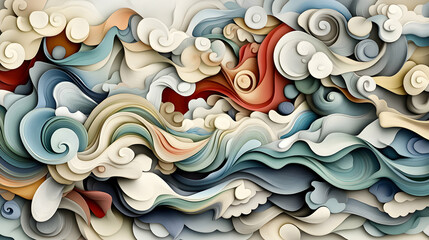 Abstract swirling paper art design.  Elegant 3D layered waves and clouds in calming pastel shades. Perfect for wall art, prints, or digital backgrounds.