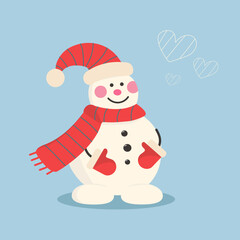 Cute snowman with hearts on a blue isolated background.  For New Year and Christmas card. Flat vector illustration