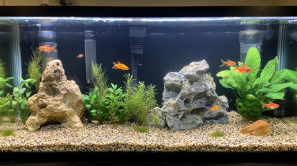 A freshwater aquarium with guppies, neon tetras, and lush aquatic plants.