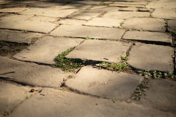 Stone slab road. Paving stones of the 18th century. Ancient road pavement.
