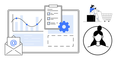 Graph with line and bar data, clipboard with checklists, gear, email icon, woman sitting by shopping cart, user profile icon. Ideal for business analysis, productivity, tasks online shopping user