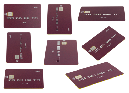 Set of plastic card, credit card, with chip, isolated from background	