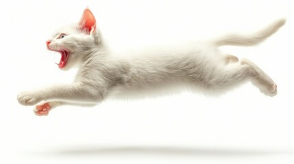 Energetic White Kitten Jumping with Open Mouth in Action Pose