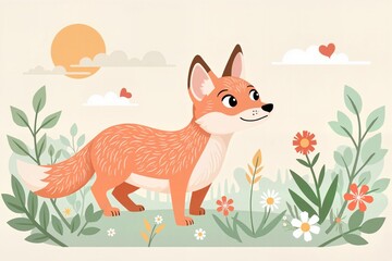 Obraz premium Curious fox exploring a pastel garden with flowers and sun, whimsical fairytale concept. . Greeting card or print for birthday celebration