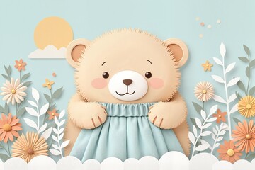 Cozy bear smiling with a soft blue skirt in a whimsical floral setting against a pastel background. Greeting card or print for birthday celebration