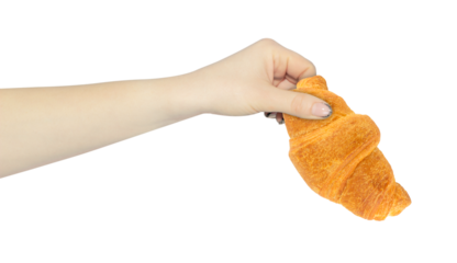 croissant in hand, outstretched hand with croissant isolated from background