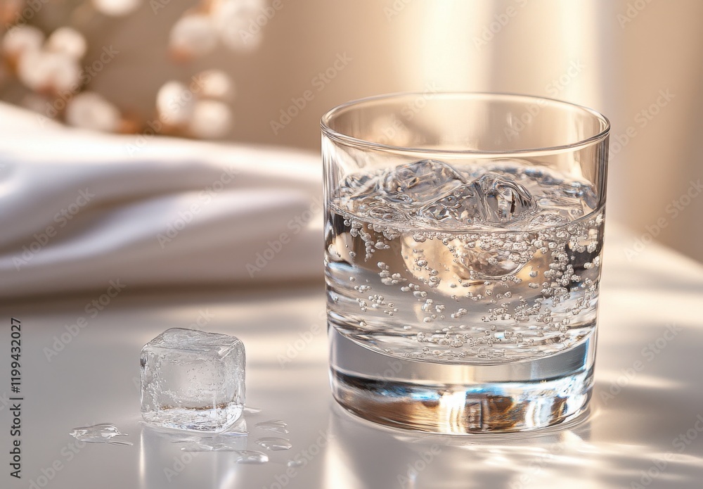 Poster refreshing glass of sparkling water with ice cube on table with soft natural light and subtle floral