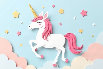 Whimsical unicorn prancing among pastel clouds and stars, enchanting fairytale concept. . Greeting card or print for birthday celebration