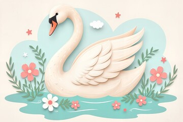 Obraz premium Gentle swan gracefully swimming amidst pastel floral and aquatic elements, whimsical papercut fairytale concept. . Greeting card or print for birthday celebration