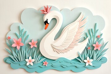 Gentle swan gracefully gliding through layers of pastel aqua and dusty rose in a whimsical papercut fairytale. Greeting card or print for birthday celebration