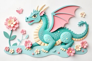 Obraz premium Whimsical turquoise dragon playfully amidst pastel flowers and butterfly, enchanting fairytale design concept. Greeting card or print for birthday celebration