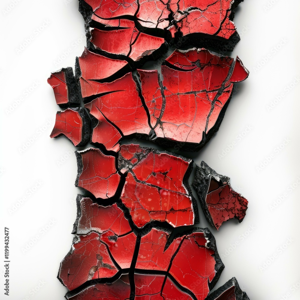 Poster broken pieces of red paint forming an abstract composition on white background, highlighting texture