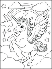 Illustration of a cute unicorn cartoon character. Black and white Printable Unicorn coloring page for kids.