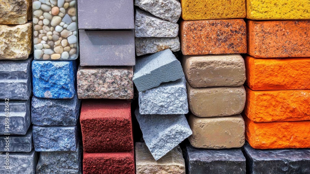 Poster colorful assortment of bricks and stones arranged in a neat pattern showcasing various textures