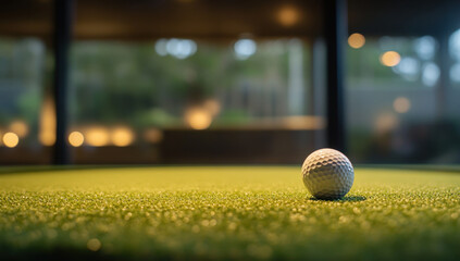 golf ball resting on green putting surface, with blurred background of modern indoor space. scene conveys sense of calm and focus, perfect for golf enthusiasts