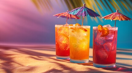 Colorful tropical cocktails with umbrellas, set on a vibrant beach table, palm shadows cast on the sand, evoking a refreshing vacation vibe.