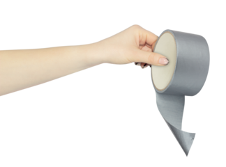 roll of gray reinforced tape in hand, outstretched hand with roll of gray reinforced tape isolated from background