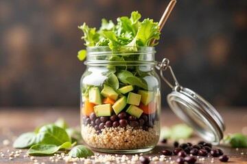 Colorful mason jar salad with organic quinoa, black beans, diced avocado, and crisp greens, showcasing healthy ingredients, concept of nutrition.