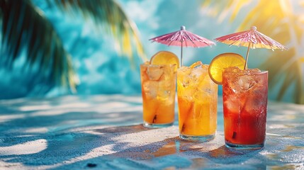 Colorful tropical cocktails with umbrellas, set on a vibrant beach table, palm shadows cast on the sand, evoking a refreshing vacation vibe.