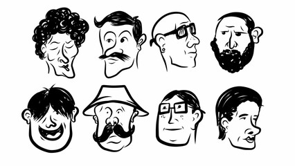 Set of caricature faces in black and white with diverse expressions and styles, perfect for editorial use, comics, and creative vector design illustration