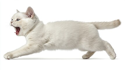 Obraz premium White Cat Running and Yawning with Dynamic Action Pose
