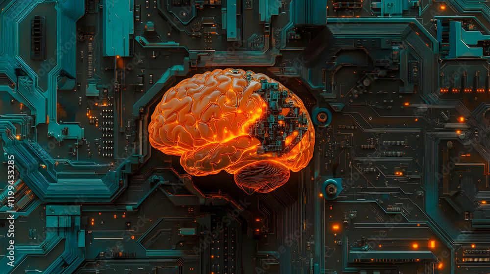 Poster glowing brain integrated within a complex circuit board; ai, technology, neural network concept.