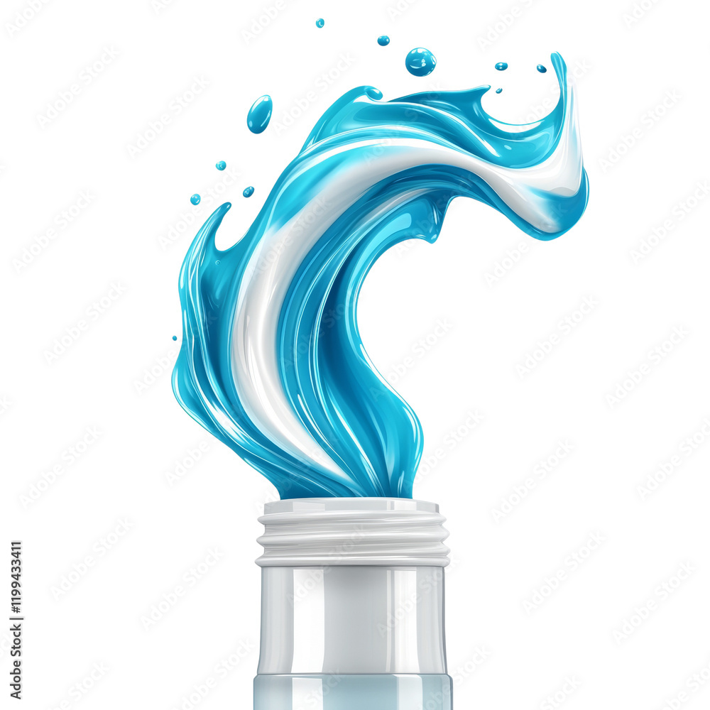 Poster A vibrant blue liquid splashes dynamically from a white container against a stark white background creating a visually striking image.