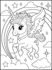 Illustration of a cute unicorn cartoon character. Black and white Printable Unicorn coloring page for kids.