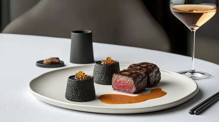 Gourmet steak dinner, elegantly plated with caviar accents and a glass of rose wine.